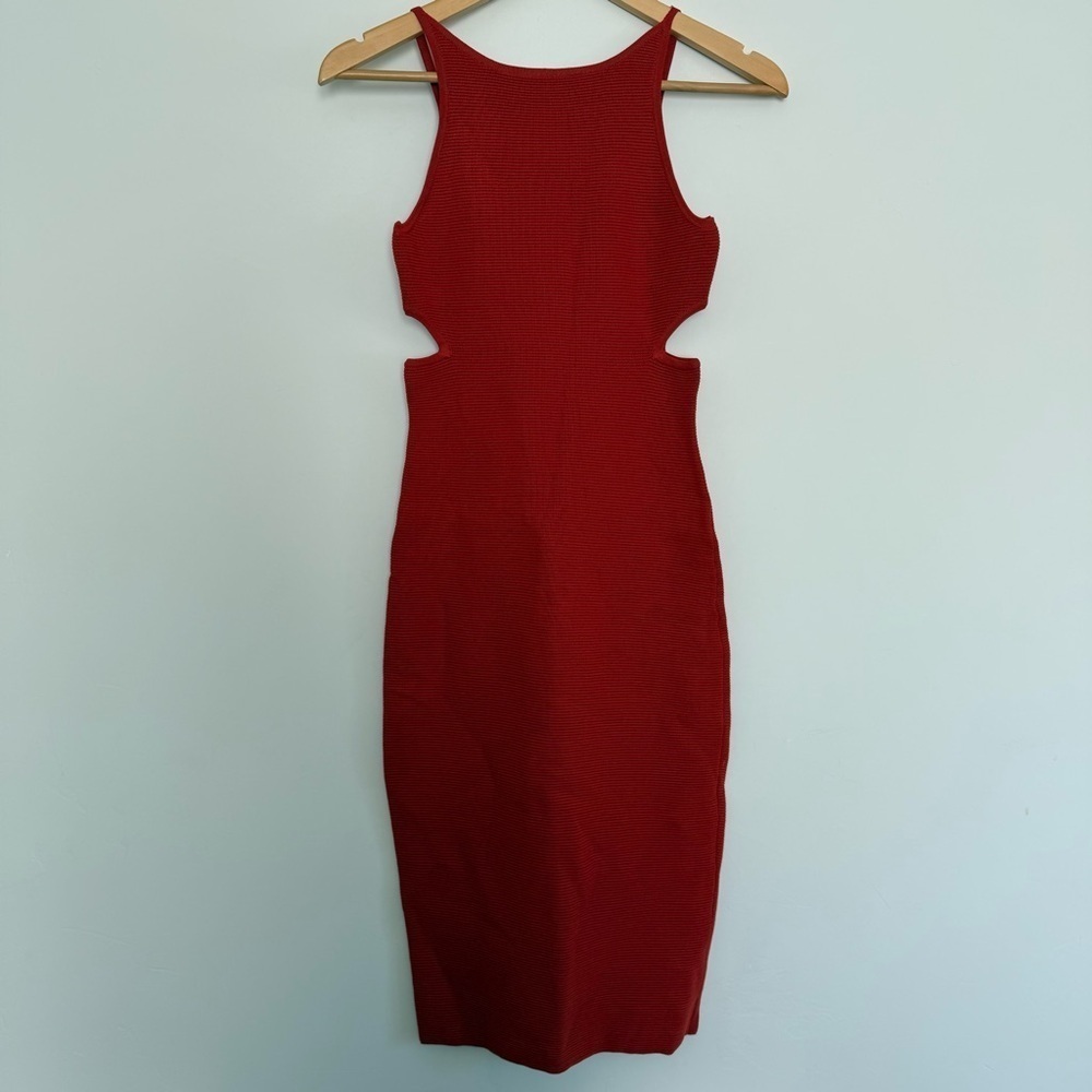 Cashmere horizontal ribbed midi dress with cutouts in burnt orange NWT Size: S